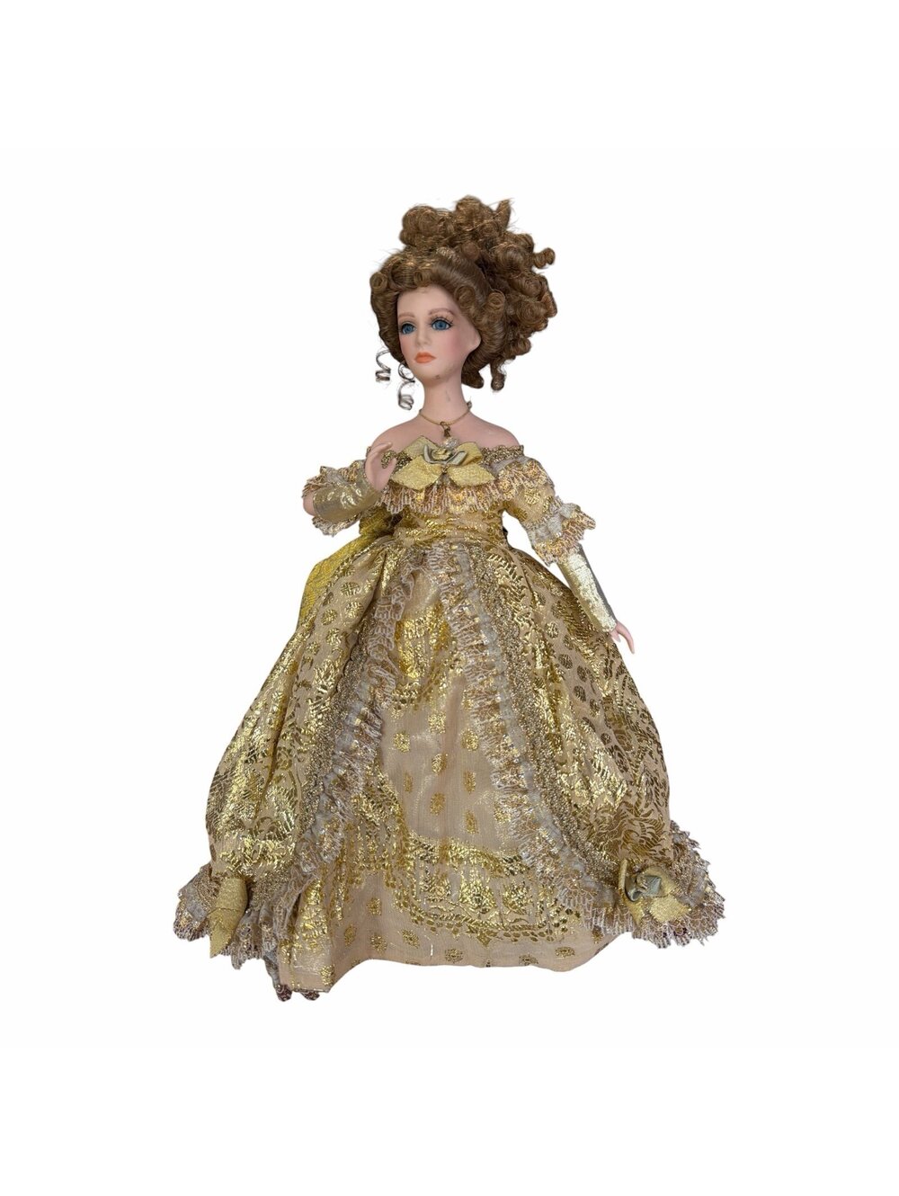 Vintage Porcelain Doll in Gold Gown Effanbee porcelain doll features a detailed